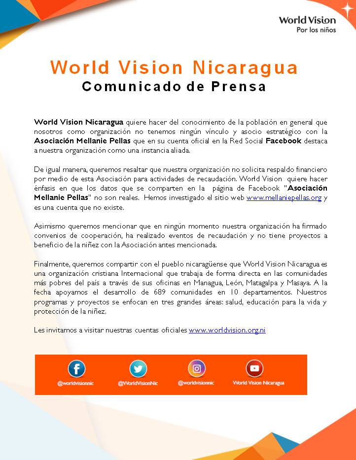 Falso asocio de World Vision Nicaragua con Asociación Mellanie Pellas